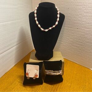 Pink and White Pukka Shell and bead Necklace Set with earring and Bracelet